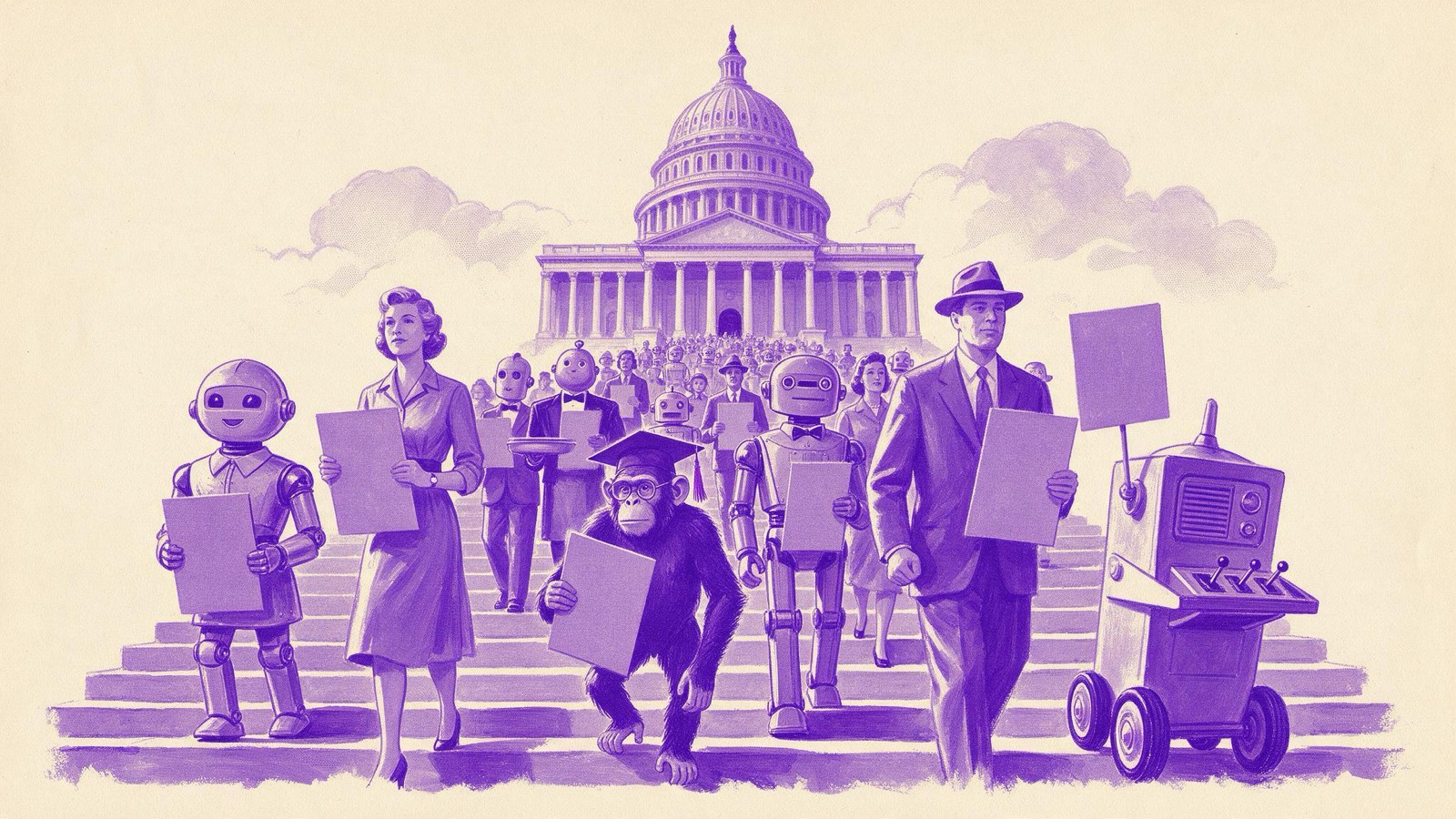 Robots of many kinds march with human friends and a chimpanzee in a mortarboard up the Capitol steps, carrying blank placards.